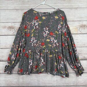 Pleione Blouse Womens Large Black Floral Stripe Peplum Long Sleeve Rayon Top